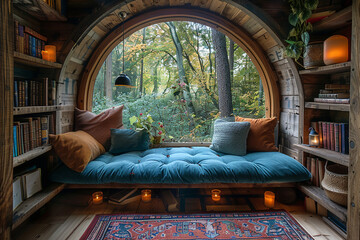 A cozy reading nook with a window seat and a view of the forest.