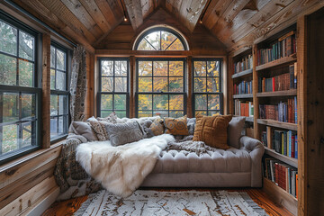 A cozy reading nook with a built-in bookshelf and a plush armchair.