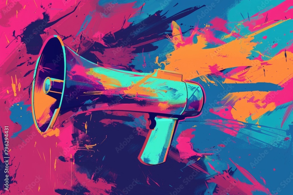 Poster a digital painting of a megaphone on a vibrant background. perfect for marketing and communication c