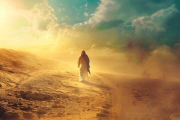A man walking on a dirt road in the desert. Suitable for outdoor and travel concepts - obrazy, fototapety, plakaty