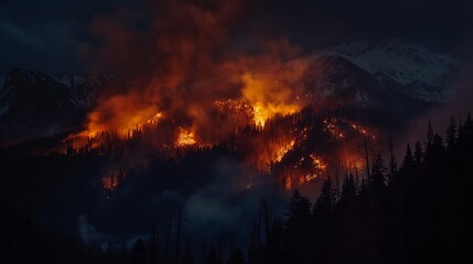  a raging fire atop a mountain under the cover of night, casting an eerie glow against the darkness