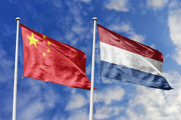 3d illustration. China and Netherlands Flag waving in sky. High detailed waving flag. 3D render....