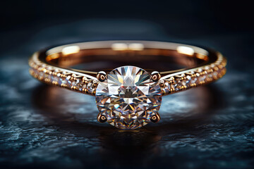 A highresolution photograph of an elegant rose gold ring with a large round diamond, set against a dark background. Created with Ai