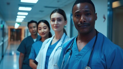 A group of doctors standing in a hallway. Perfect for medical and healthcare concepts