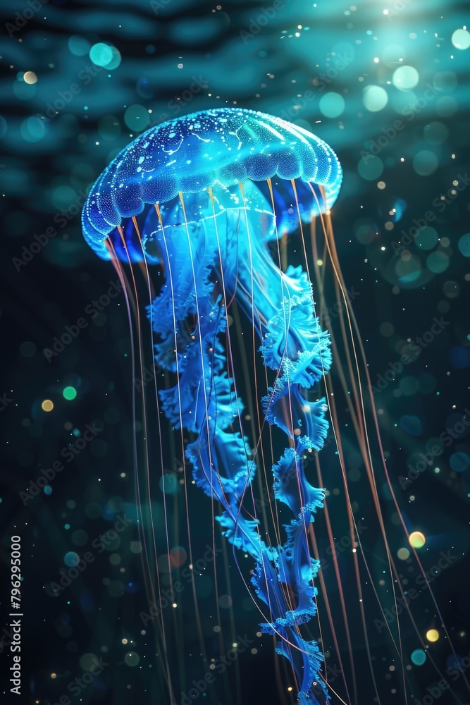 Poster a blue jellyfish floating in the ocean. perfect for marine life concepts