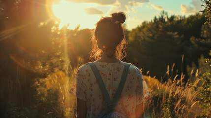 Golden hour serenity with a woman gazing into the sunset. Generative AI