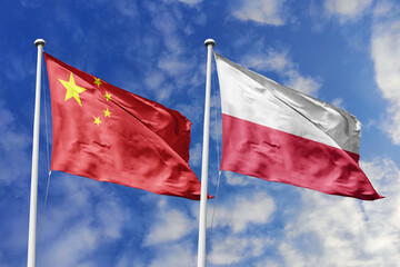 3d illustration. China and Poland  Flag waving in sky. High detailed waving flag. 3D render. Waving in sky. Flags fluttered in the cloudy sky.