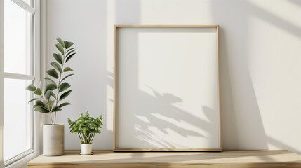 Minimalist interior with framed blank canvas, houseplants by window. Generative AI