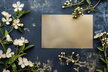 Stylish elegant flat lay white gold floristic greeting invitation post card with copy space mockup. - obrazy, fototapety, plakaty