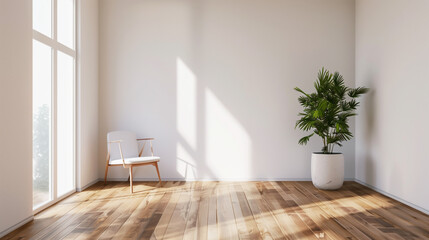 Bright minimalist room with wooden floor, chair, and potted plant by the window. Generative AI