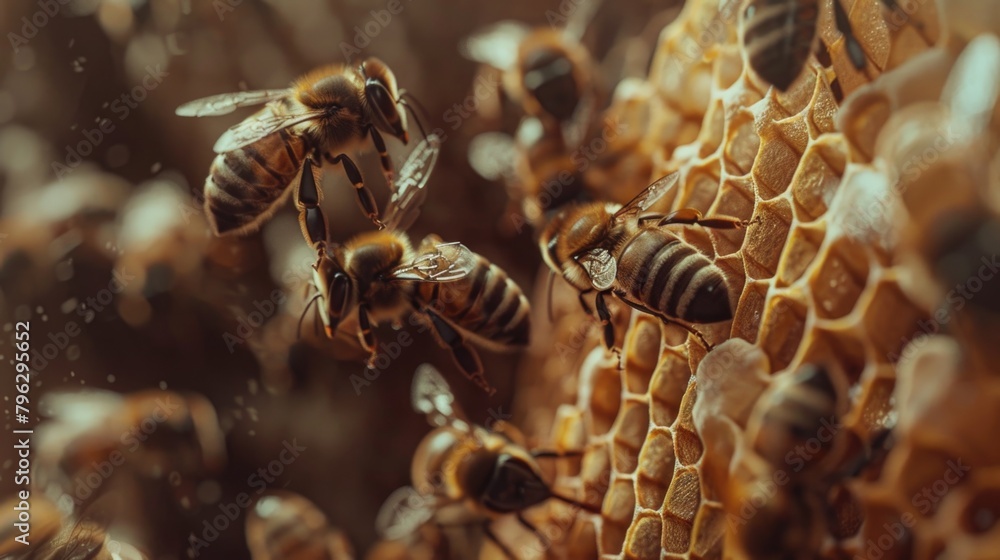 Poster A group of bees gathered on a structure. Suitable for nature and insect themes