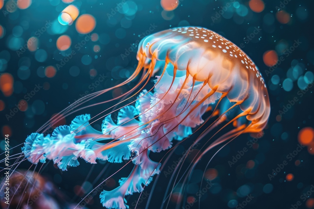 Poster a jellyfish floating in the water with bubbles in the background. suitable for marine life concepts
