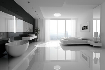 A minimalist bedroom with a monochrome color scheme and sleek furniture.