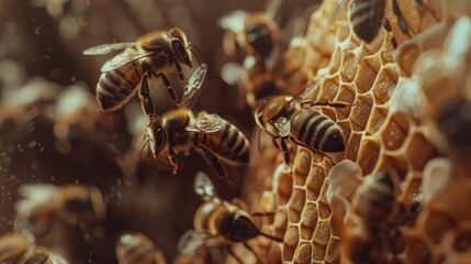 A group of bees gathered on a structure. Suitable for nature and insect themes - obrazy, fototapety, plakaty