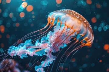 A jellyfish floating in the water with bubbles in the background. Suitable for marine life concepts - obrazy, fototapety, plakaty