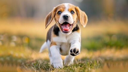 Joyful beagle dog enjoying a playful run in a lush green grass field, adorable pet in nature