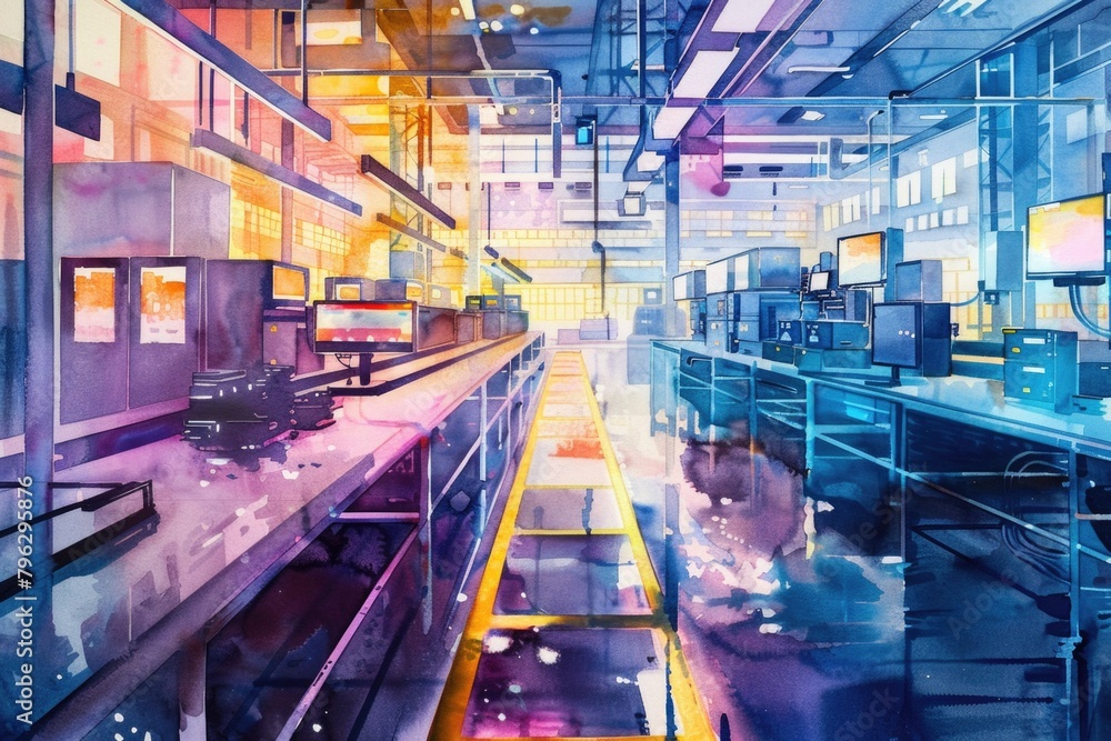 Poster a painting of a factory filled with machinery. suitable for industrial concepts