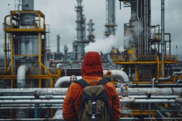 Fototapeta premium Back view of an employee in red hood observing an oil refinery plant
