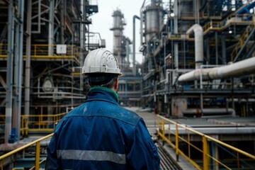 Industry professional in workwear overseeing operations at an oil refinery