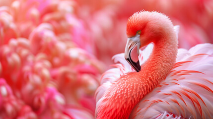 Majestic flamingo in vibrant coral and pink hues with soft-focus background. Banner with copy space. Beautiful wallpaper, background. Generative AI