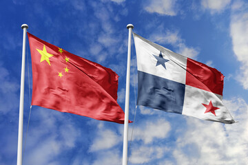 3d illustration. China and Panama Flag waving in sky. High detailed waving flag. 3D render. Waving in sky. Flags fluttered in the cloudy sky.
