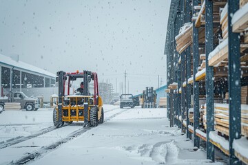 Forklift in action during a snowstorm in a lumber yard