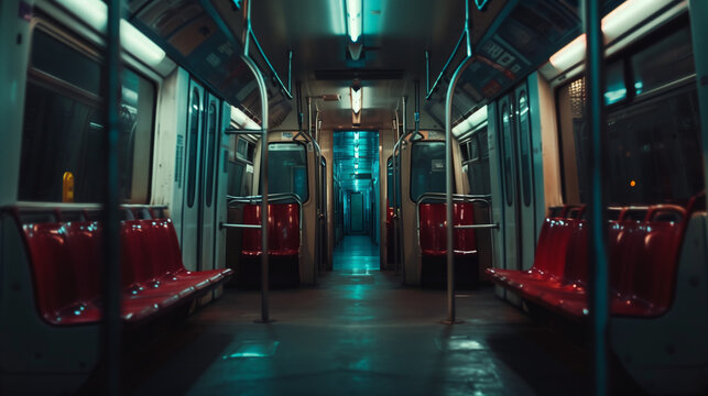 Empty metro train interior with red seats and blue lighting. Generative AI