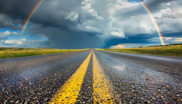 asphalt road goes beyond the horizon on one side of the sky a thunderstorm and a rainbow crosses the road