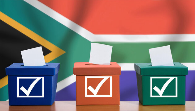 Election concept. 3 ballot boxes with tick marks. South African elections