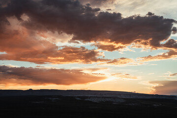 Beautiful sunset with dramatic clouds at Lake Powell from the Wahweap vista point, Arizona