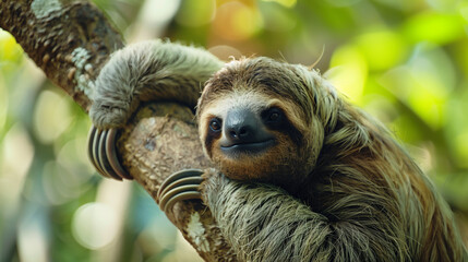 Fototapeta premium Close-up of a cute sloth hanging from a tree. Generative AI
