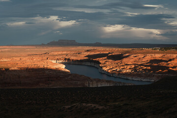 Beautful sunset with dramatic clouds at Lake Powell from the Wahweap vista point, Arizona