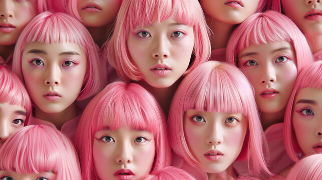 Surreal collage of multiple identical asian young women with pink hair and rosy cheeks. Beautiful wallpaper, background. Generative AI
