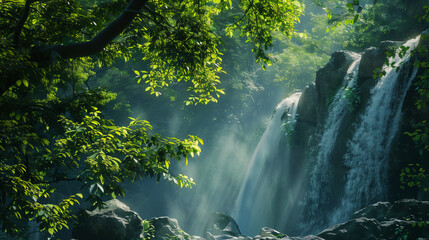 Sunlit Waterfall Oasis in Lush Green Forest. Generative AI