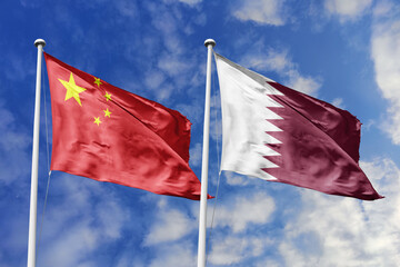 3d illustration. China and Qatar Flag waving in sky. High detailed waving flag. 3D render. Waving...