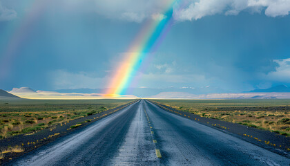 asphalt road goes beyond the horizon on one side of the sky a thunderstorm and a rainbow crosses the road
