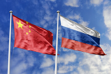3d illustration. China and Russia Flag waving in sky. High detailed waving flag. 3D render. Waving...