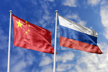 3d illustration. China and Russia Flag waving in sky. High detailed waving flag. 3D render. Waving in sky. Flags fluttered in the cloudy sky.