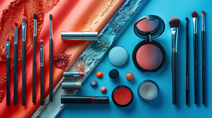 Artistic flat lay setup featuring a variety of makeup essentials arranged neatly on a vibrant colored surface