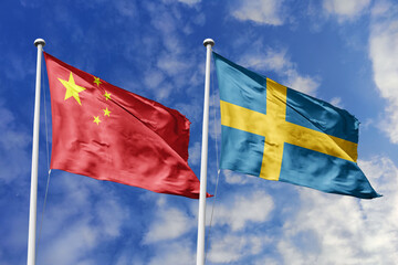 3d illustration. China and Sweden Flag waving in sky. High detailed waving flag. 3D render. Waving...