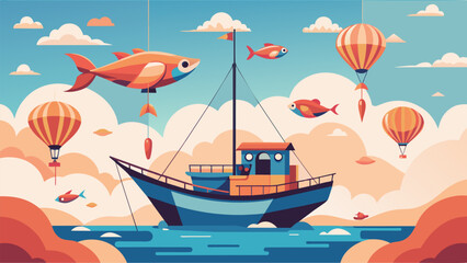 Fototapeta na wymiar A dreamy illustration of a boat floating on a sea of seafood with the sky full of colorful hot air balloons carrying different types of fish.