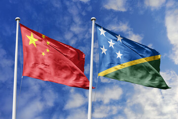 3d illustration. China and Solomon Islands Flag waving in sky. High detailed waving flag. 3D...