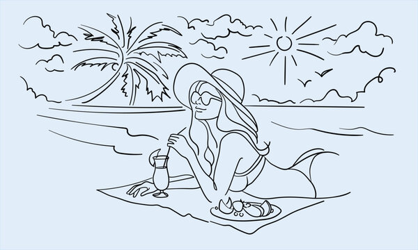 woman relaxing beach line art clip art preview
