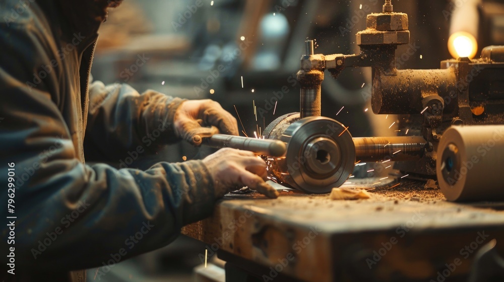 Poster a man operating machinery in a workshop, suitable for industrial concepts