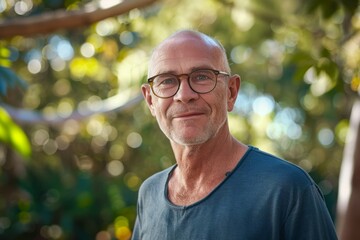 A smiling bald senior man with glasses poses outdoors with natural background