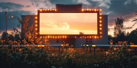 blank white screen outdoors in green grass park. outdoor cinema, big screen show. ai generated