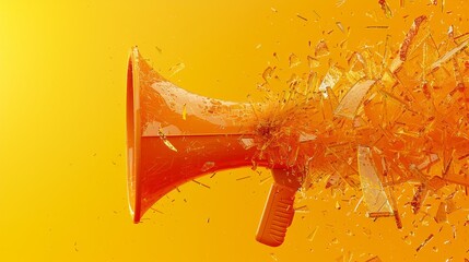 Vibrant orange megaphone breaks into pieces against a yellow gradient