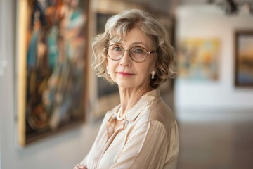A sophisticated elderly woman with glasses and pearl necklace poses with a soft smile inside an art gallery