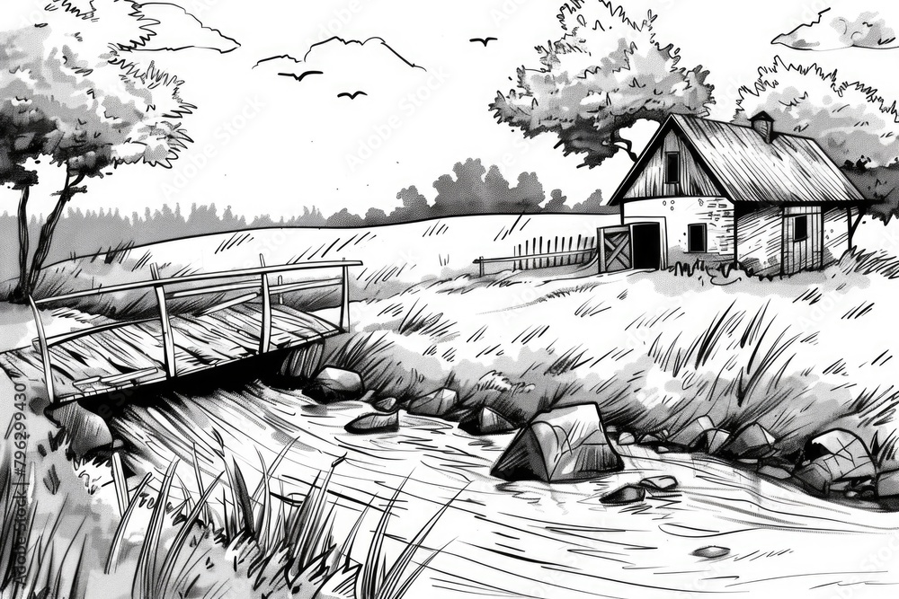 Poster detailed black and white drawing of a house and a bridge. suitable for architectural and engineering