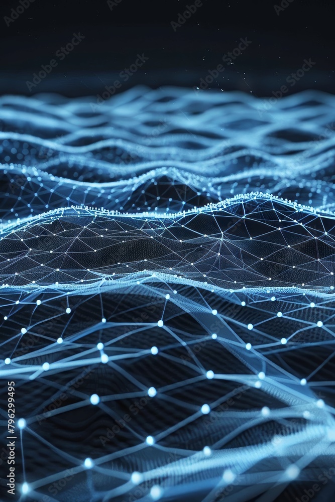 Poster digital network connection stream of data particles intersecting with information technology wave